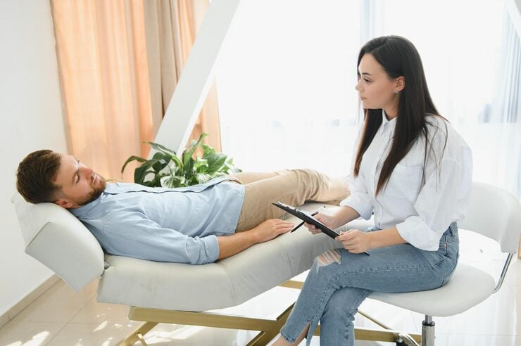 Young man talking to his therapist.